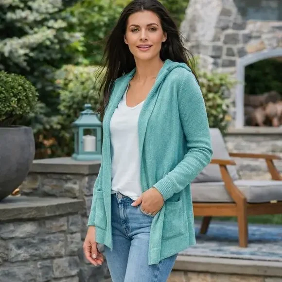 NEW Barefoot Dreams CozyChic Ultra Lite Hooded Ribbed Cardigan Aquamarine XS - Picture 1 of 11